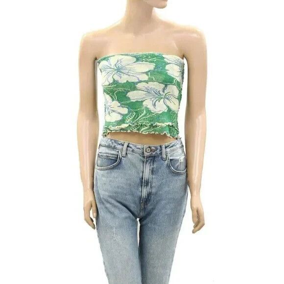 Free People Poppy Tube Blouse Top Cropped Floral Smocked Ruffle L NWD 272141 - Picture 5 of 10